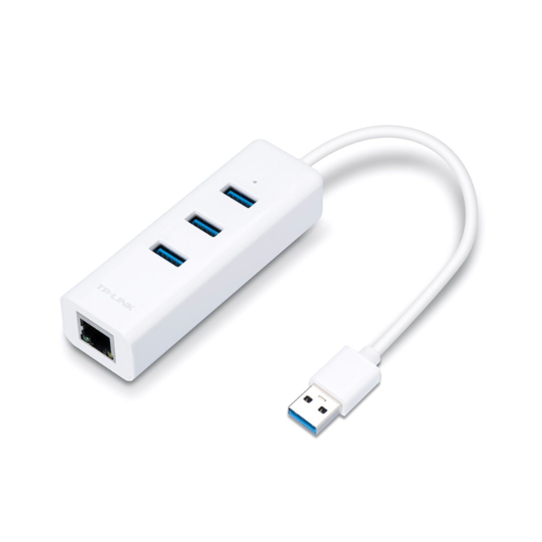 White USB hub with Ethernet adapter on a white background